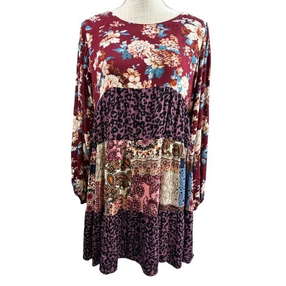 Umgee Dress Patchwork Tiered Mixed Print Long Sleeve Size S Boho Festival NWT - Picture 1 of 12